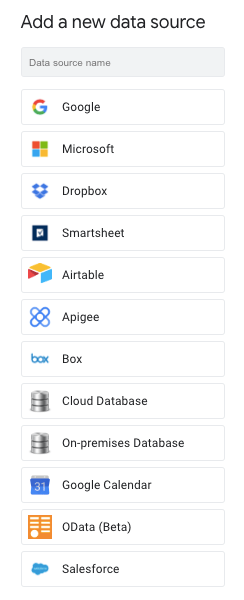 AppSheetに追加できるデータソースには、Google、Microsoft、Dropbox、Smartsheet、Airtable、Apigee、Box、Cloud Database、On-premises Database、Google Calendar、OData(Beta)、Salesforceがある