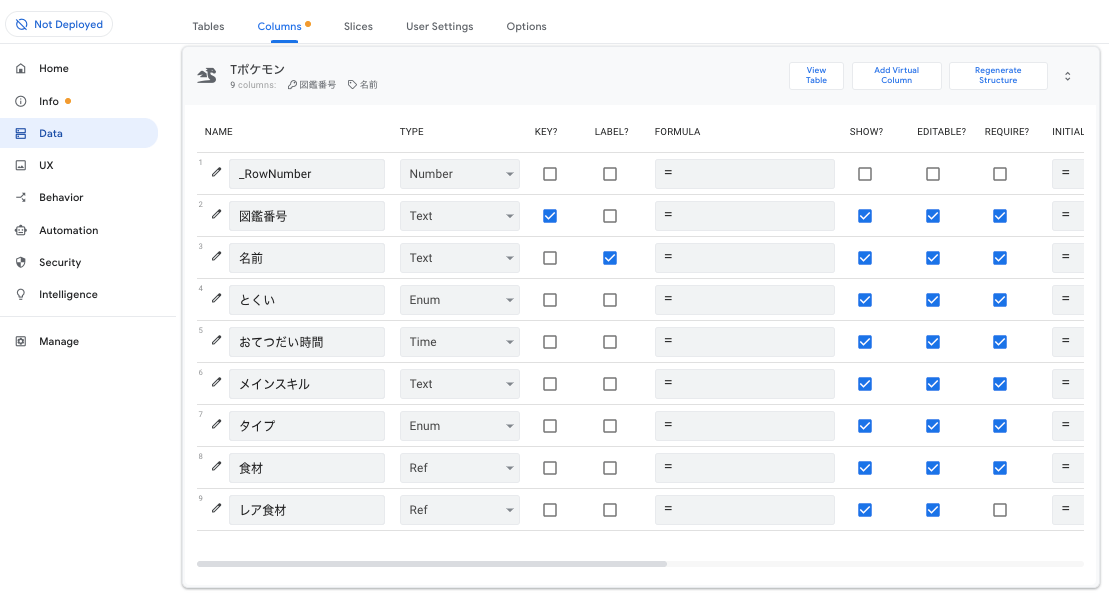 AppSheetのDataメニューにあるTables画面のView Columnsボタンを押すと、Columns画面の該当テーブルへ遷移する