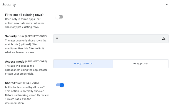 AppSheetのDataメニューにあるTables画面のSecurity欄