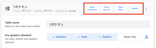 AppSheetのDataメニューにあるTables画面の右上にある4つのボタン(View Columns、View source、View Data、Delete)