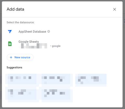 AppSheetのDataメニューにあるTable画面から、データソースをAppSheet DatabaseかGoogle Sheetsから選択